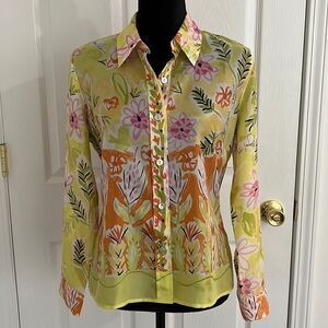Sigrid Olsen 100% silk summer yellow floral bottoms down blouse shirt.Sz MP